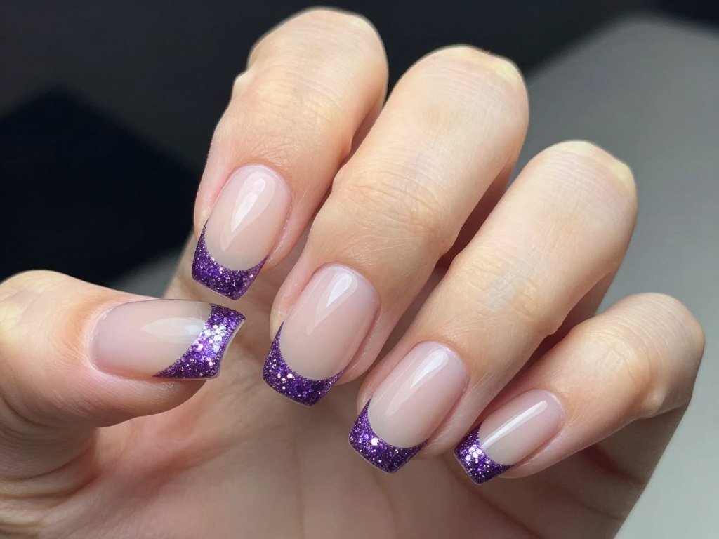 French manicure with purple glitter tips on nude base