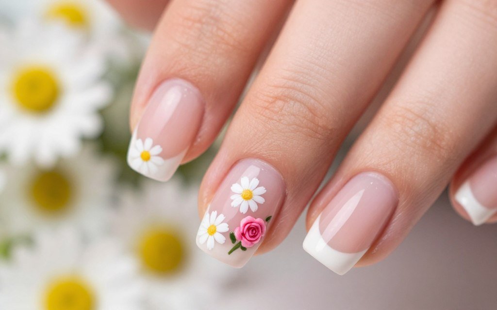 French tip nails decorated with small painted flowers