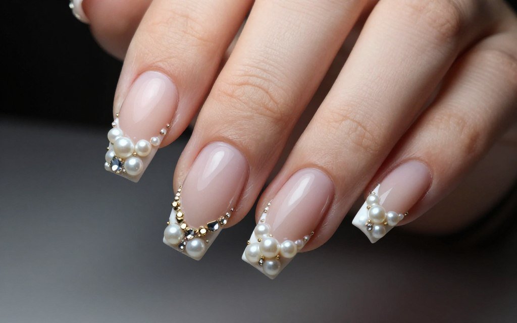 French tip nails with 3D pearl and gem embellishments