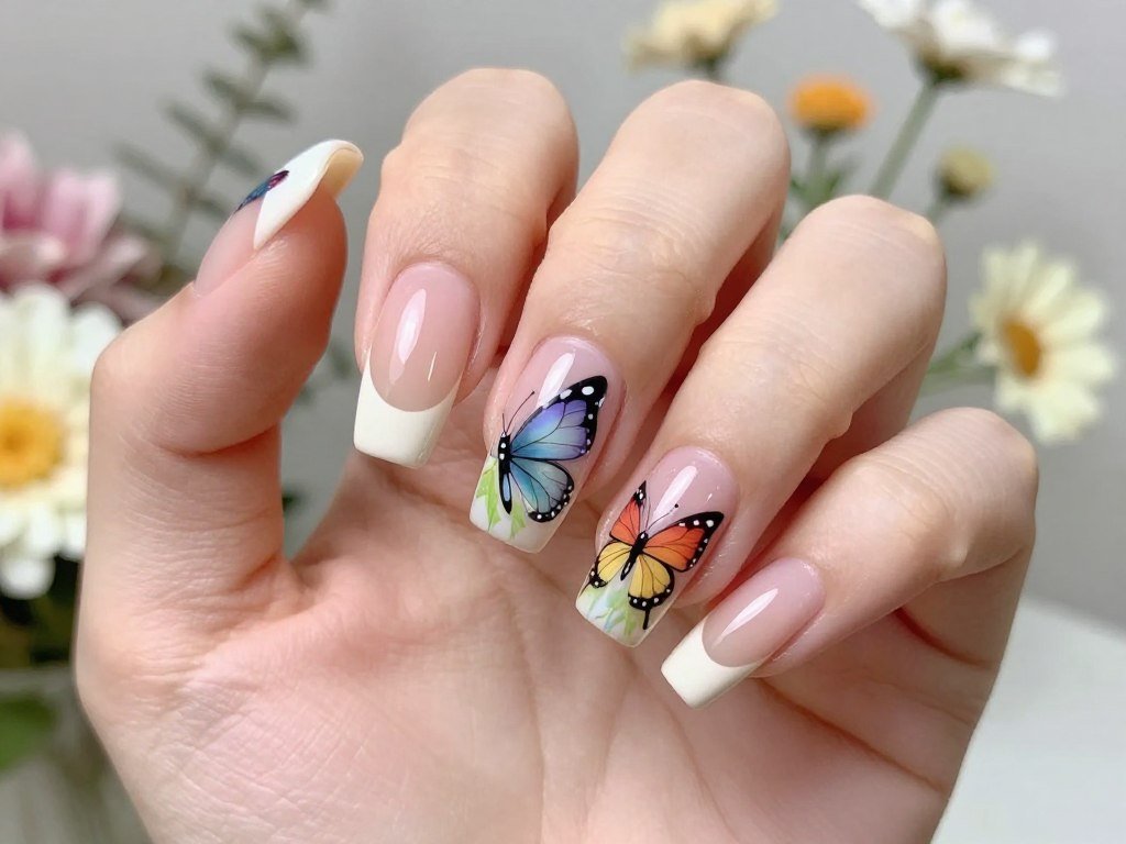 French tip nails with butterfly nail art accents