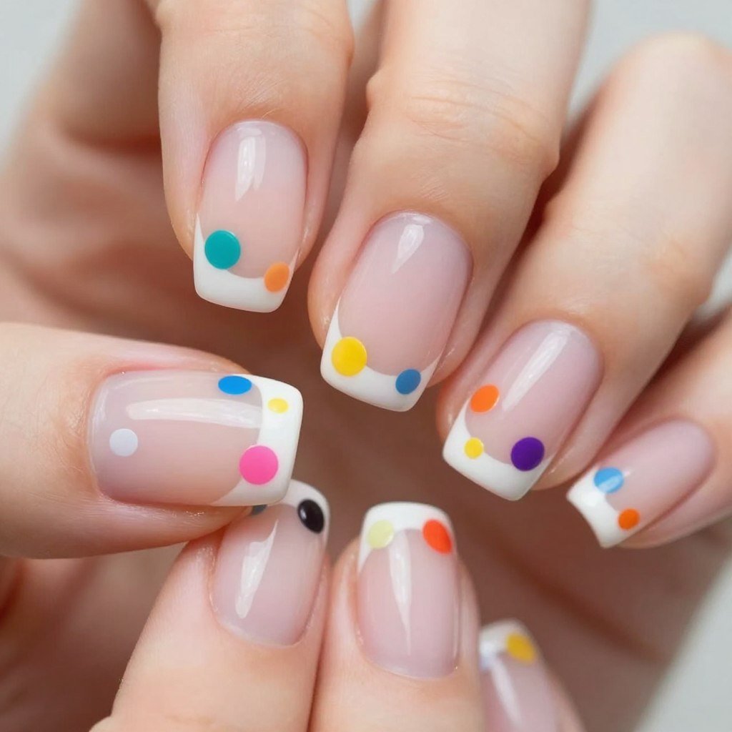 French tip nails with colorful polka dots
