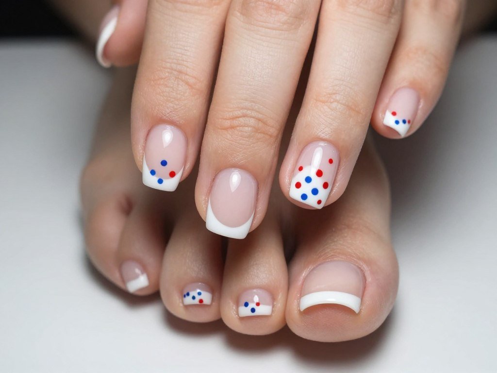 French tip pedicure with red and blue polka dots along the white tips