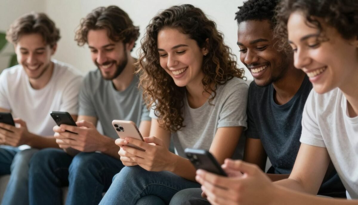 Friends having fun and laughing while playing games to play over text Friends having fun and laughing while playing games to play over text