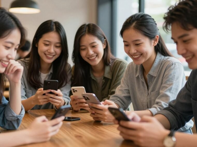 Friends laughing while playing fun games to play over text on their smartphones