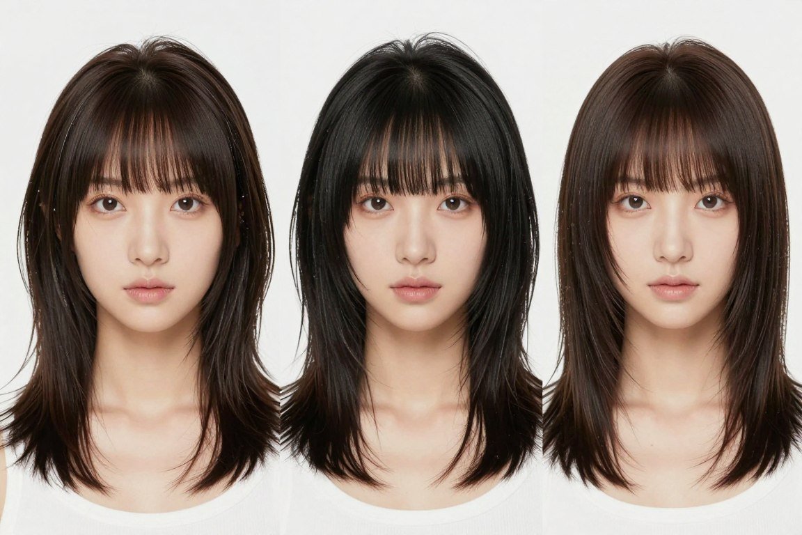 Front view of shoulder-length shag with long bangs styled multiple ways