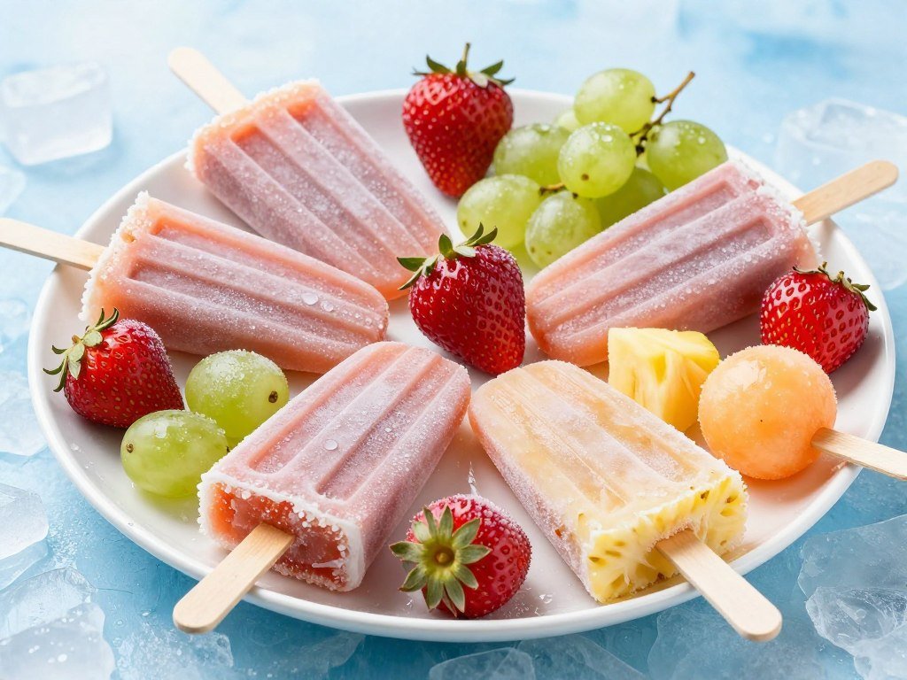 Frozen fruit popsicles arranged on chilled platter