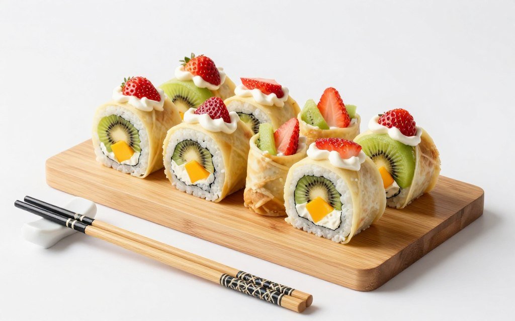 Fruit sushi rolls arranged on wooden board