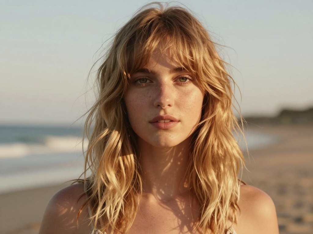 Full bangs styled with natural wavy medium length hair