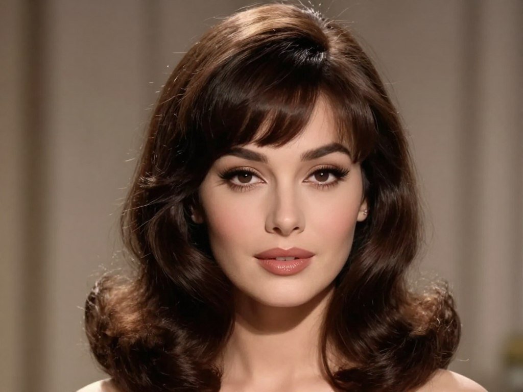 Full bangs swept dramatically to one side on medium length hair