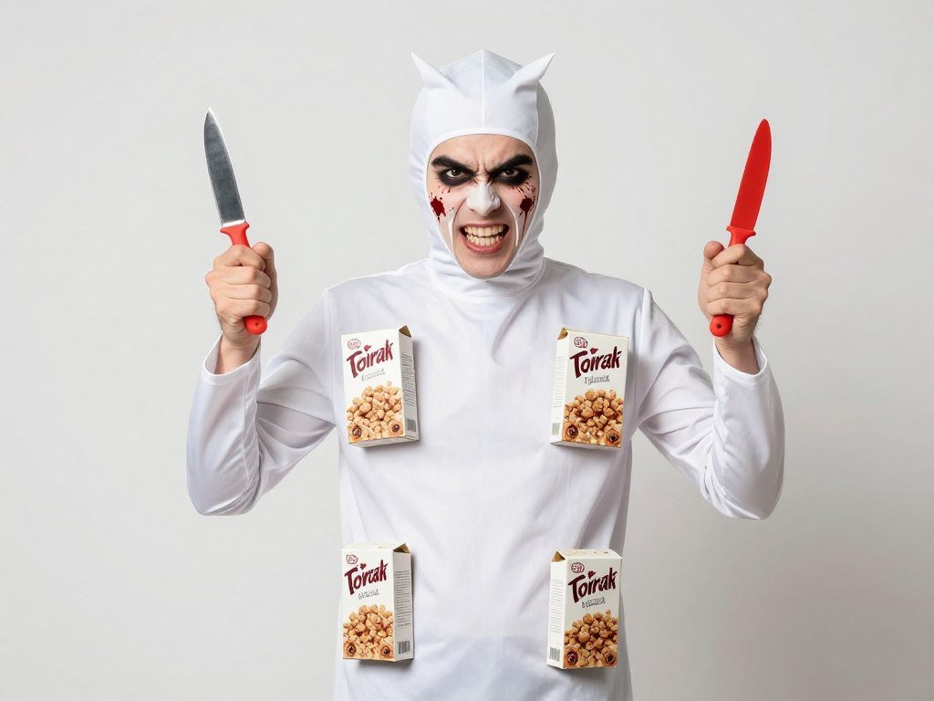 Funny cereal killer costume with mini cereal boxes