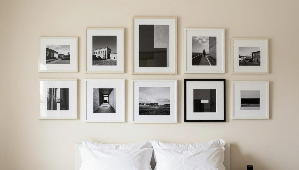 Gallery wall in cream bedroom with mixed frame sizes