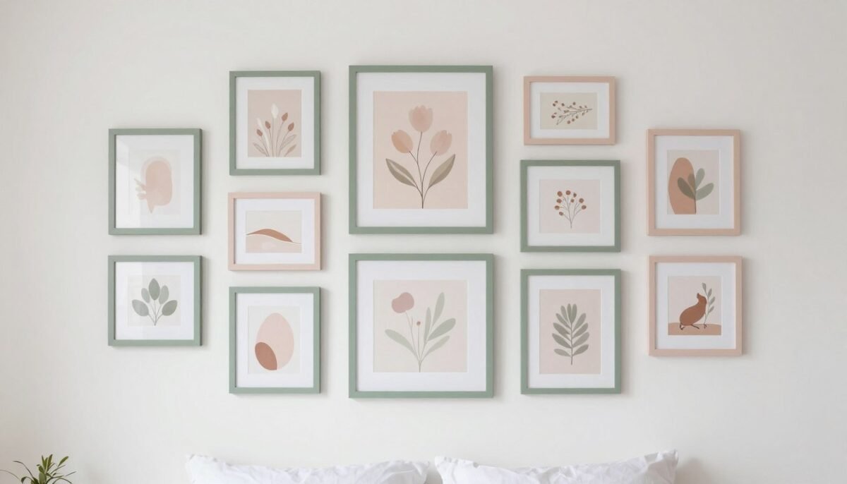 Gallery wall with sage and blush frames