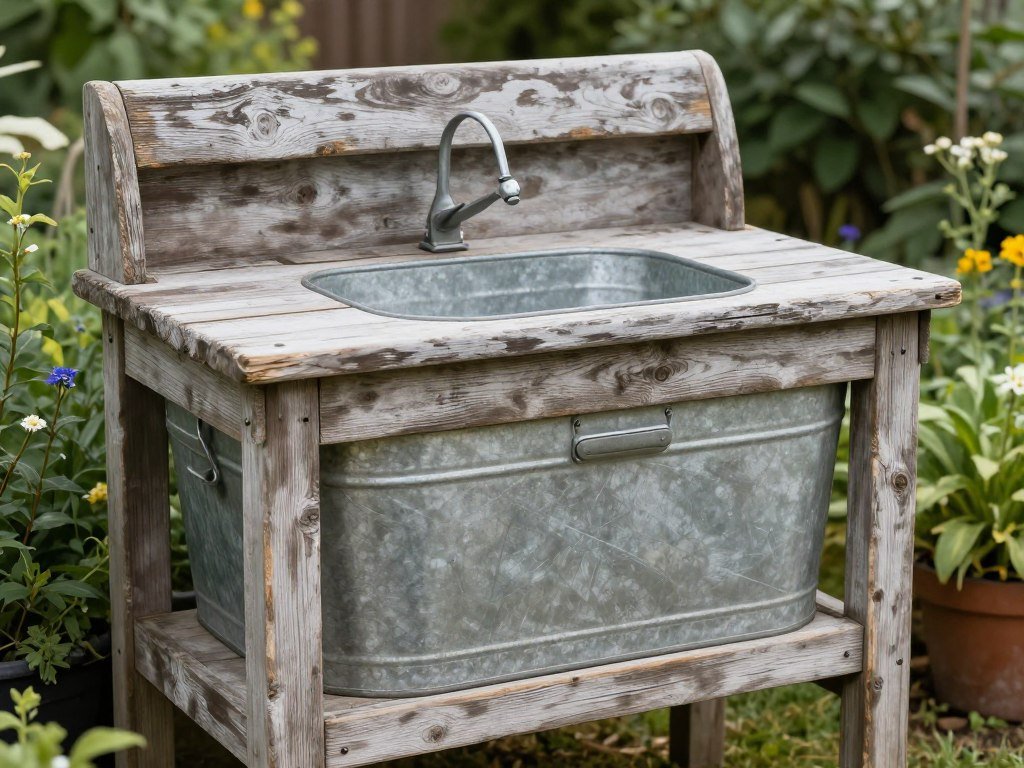 Galvanized metal bucket used as mud kitchen sink