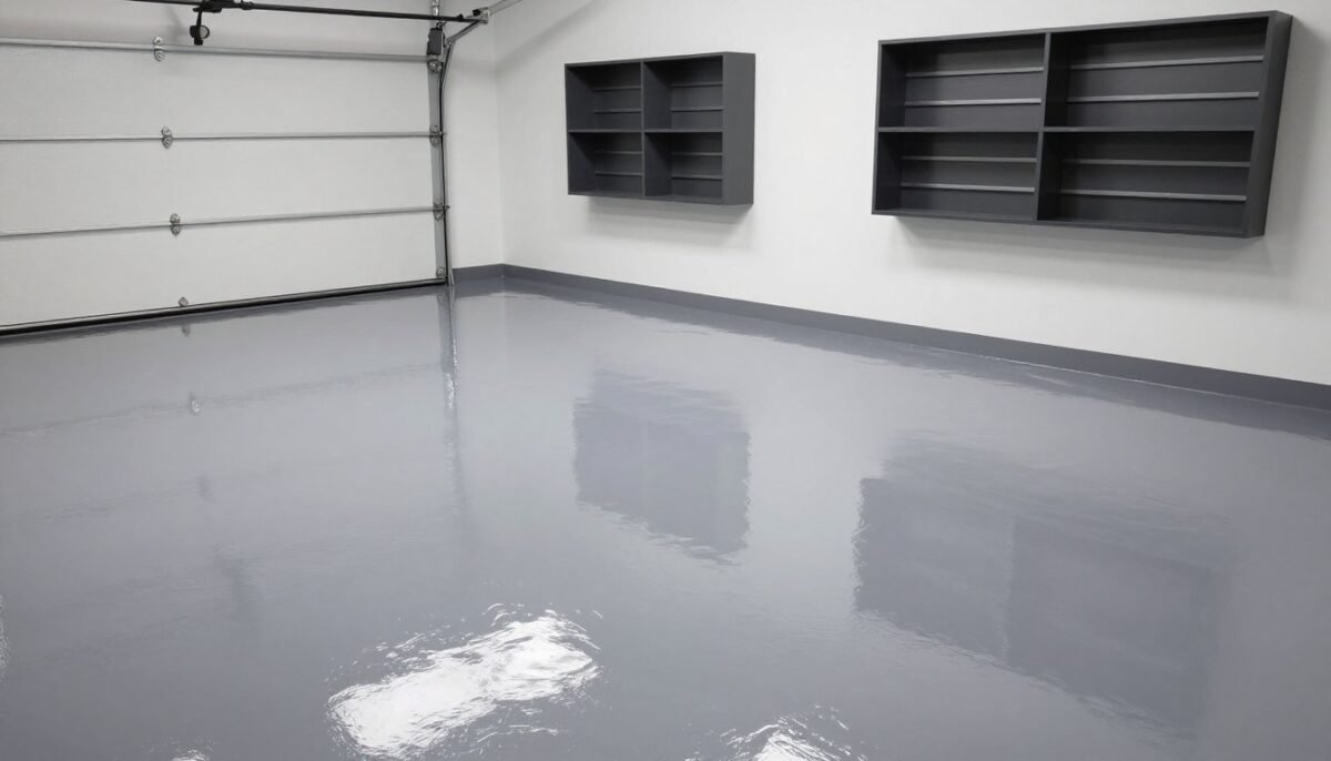 Garage with gray epoxy floor coating and organized storage