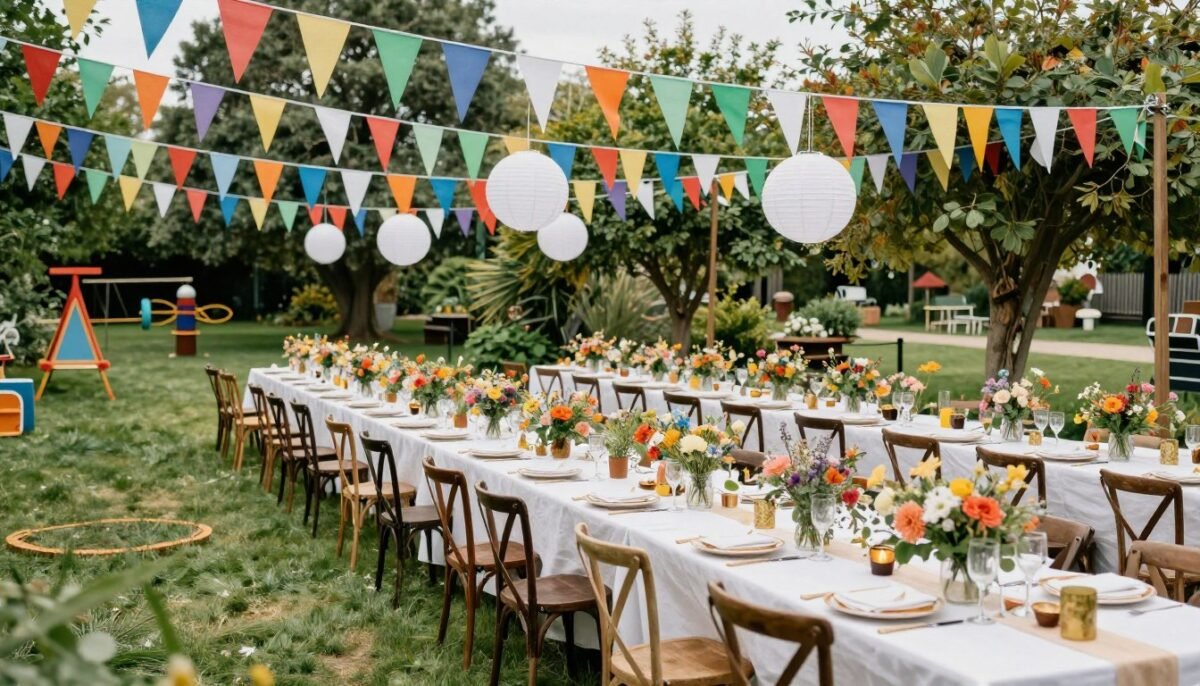 Garden party wedding reception with bunting