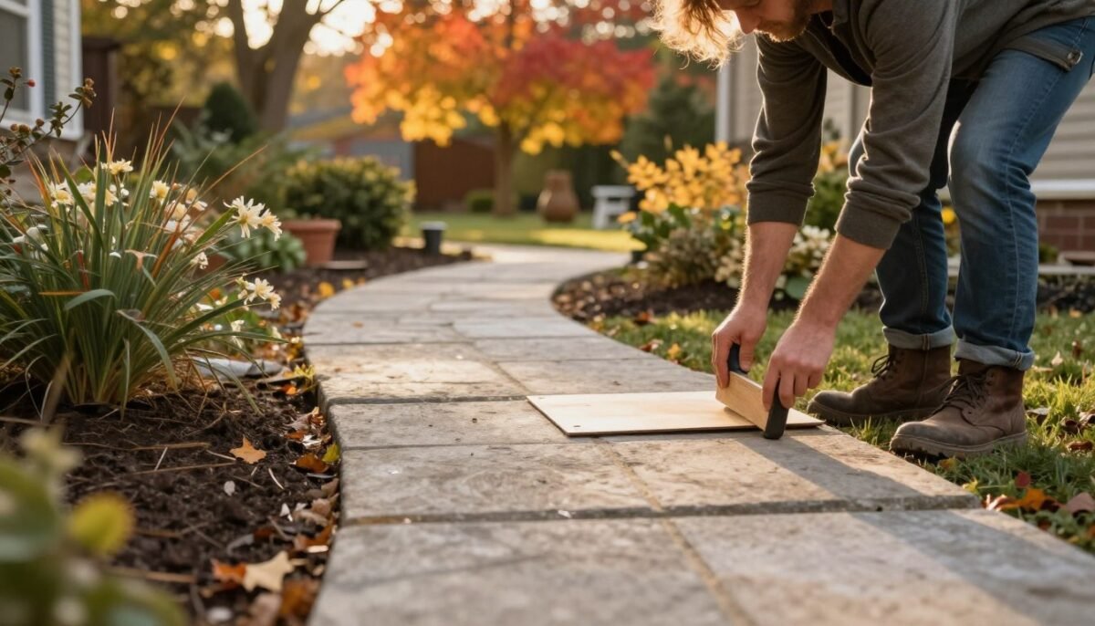Garden path construction in ideal fall weather Garden path construction in ideal fall weather