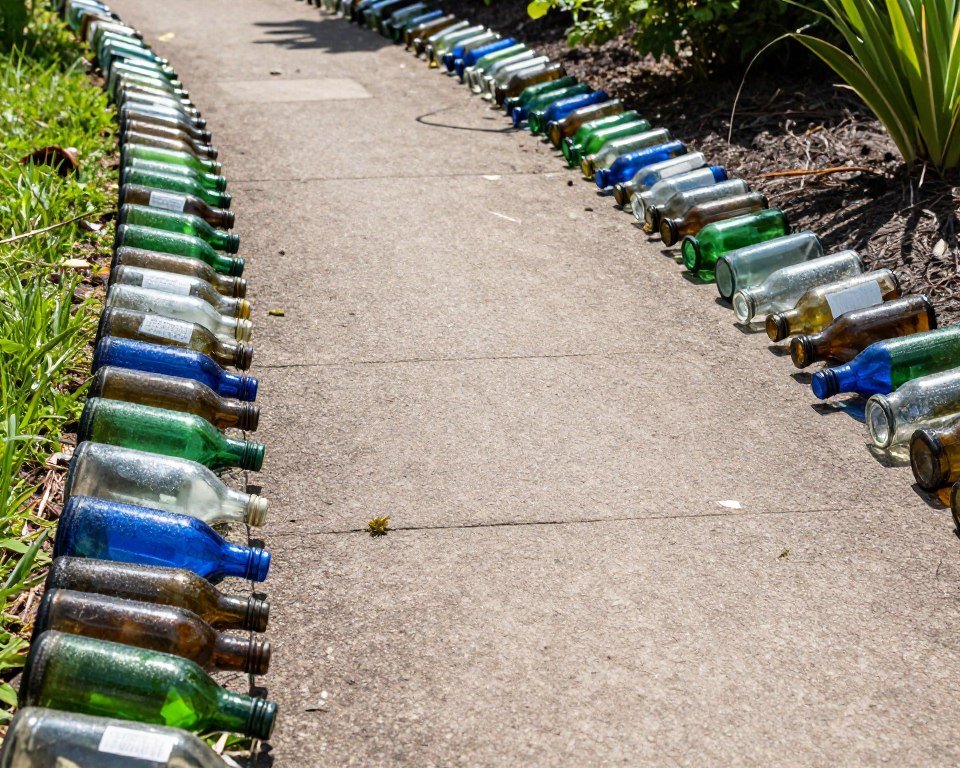 Garden path with colorful recycled glass bottle border