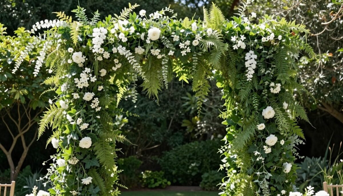 Garden wedding ceremony arch covered in greenery and flowers