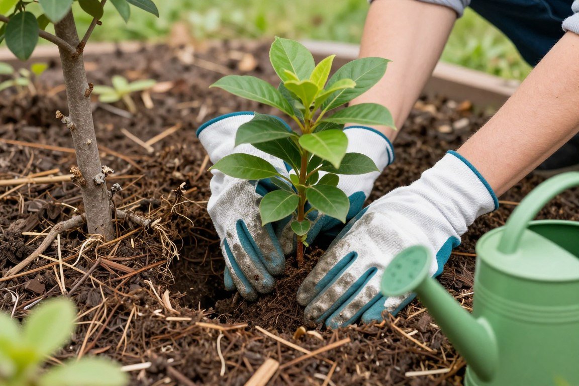 Gardener properly planting shrub under tree showing correct technique
