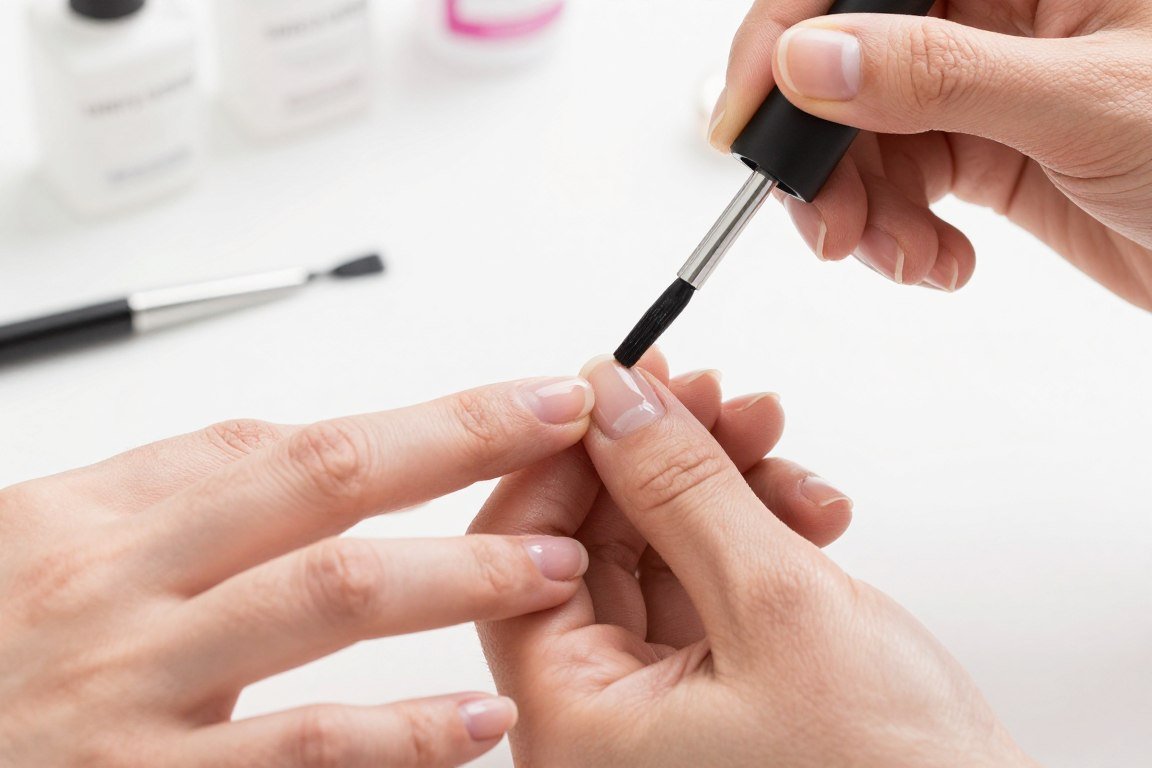 Gel nail base coat application technique for 4th of July nail designs preparation