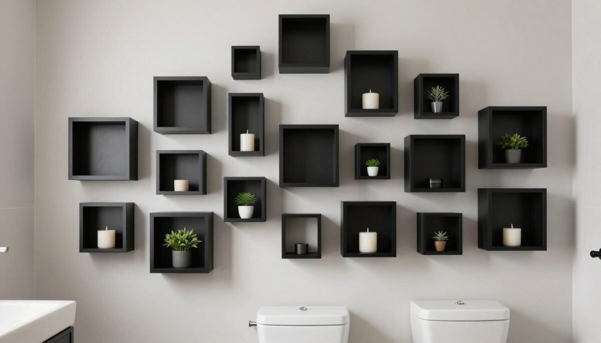Geometric box shelves arranged above toilet in modern pattern