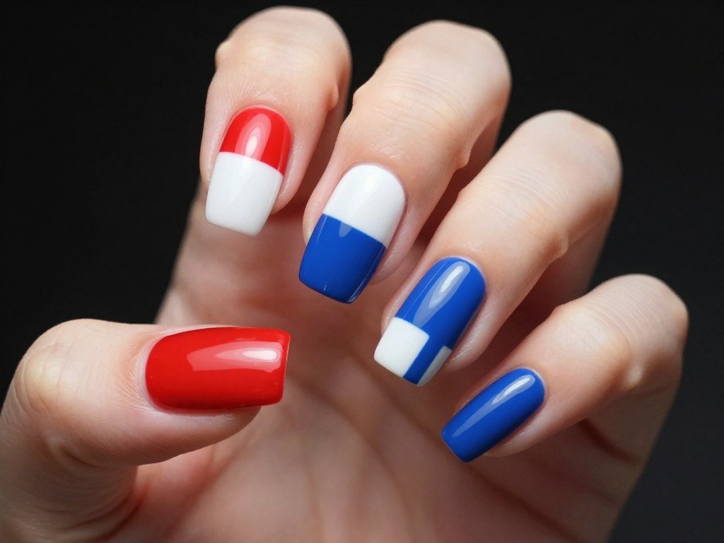 Geometric color block nail art with red white and blue patriotic sections