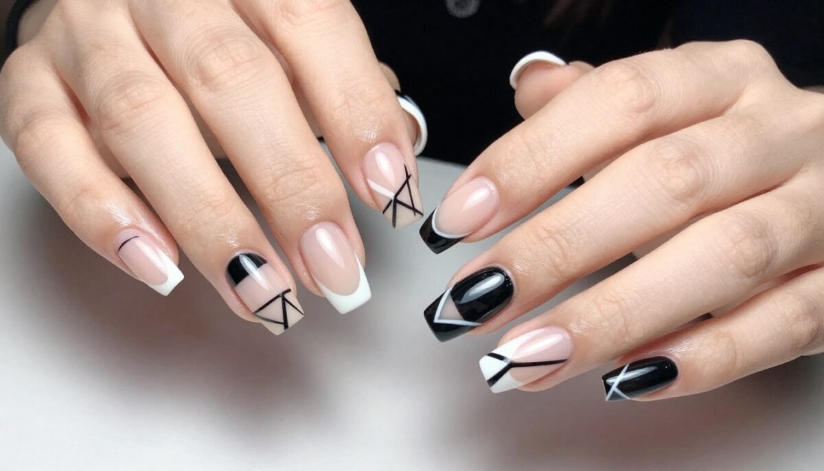 Geometric patterned french tip nail designs