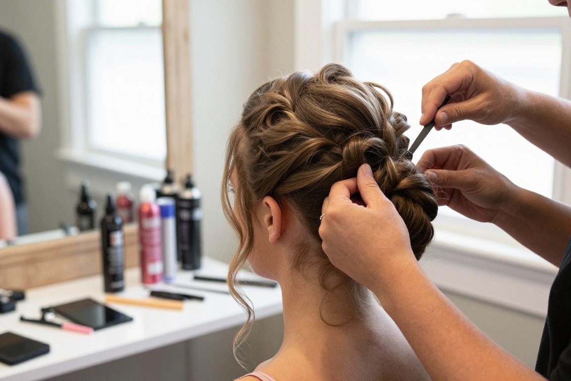 Getting ready for prom with hair styling in progress