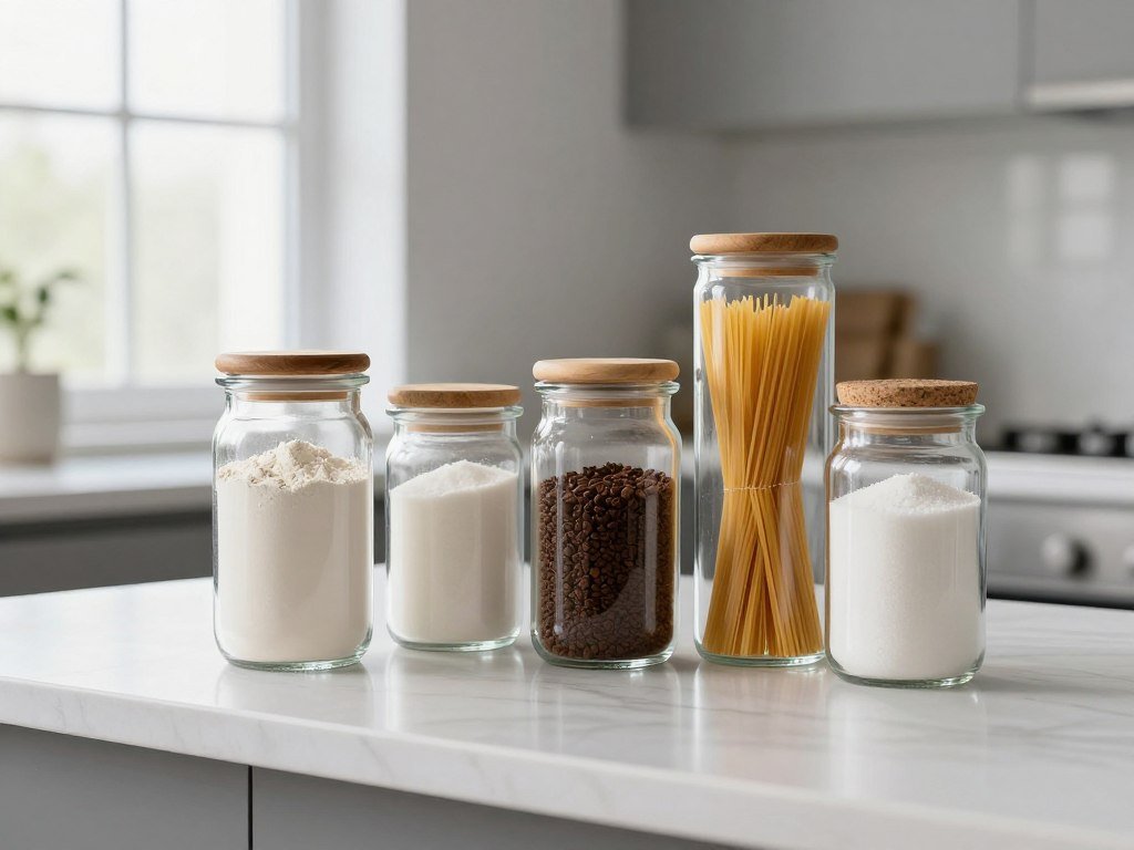 Glass jars with dry goods displayed on kitchen counter