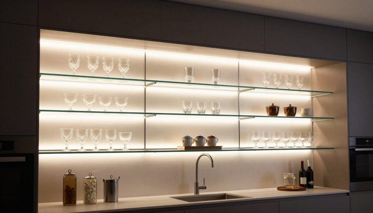 Glass shelves with LED backlighting displaying glassware in modern kitchen