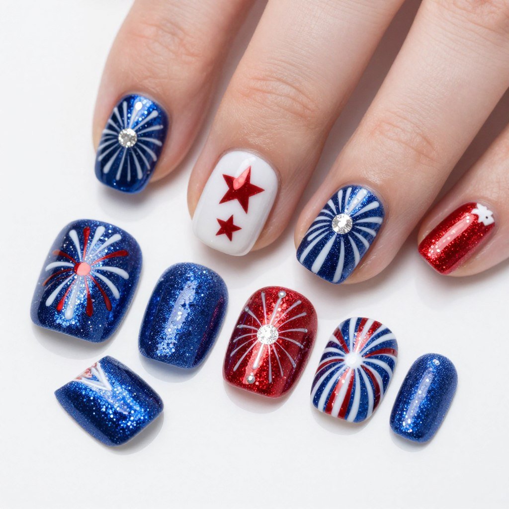 Glitter fireworks design press-on nails for toes in red white blue and silver