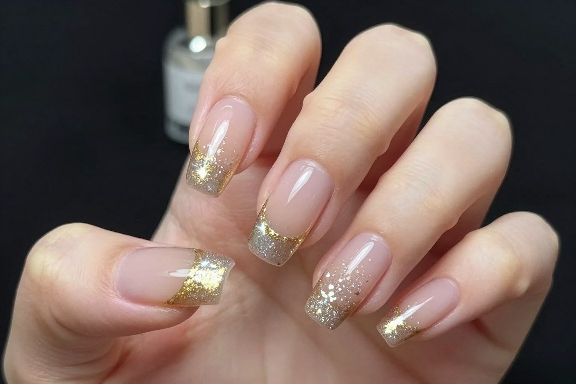 Glitter gradient french tip nails sparkling in light