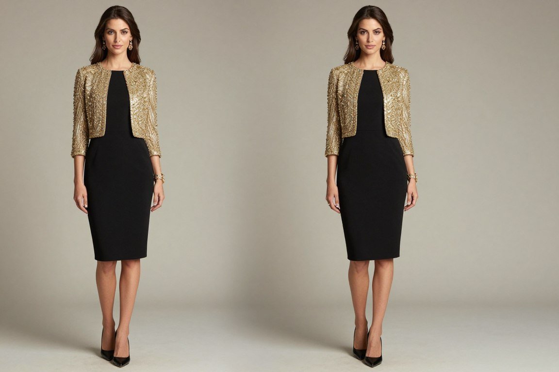 Gold embellished jacket over little black dress