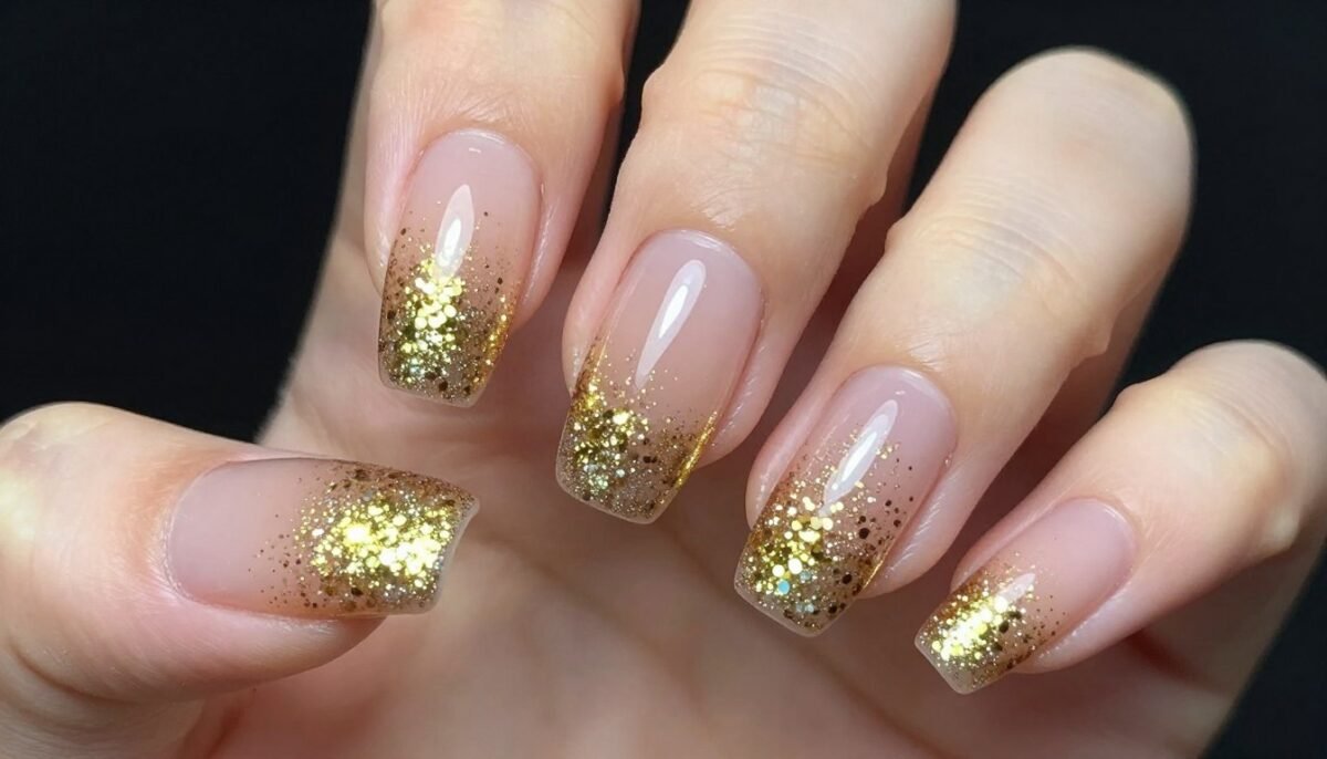 Gold glitter French tips on coffin nails with sparkle and shimmer for fall