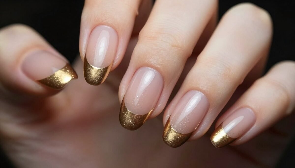 Gold metallic French tips on almond nails with rose base color for autumn