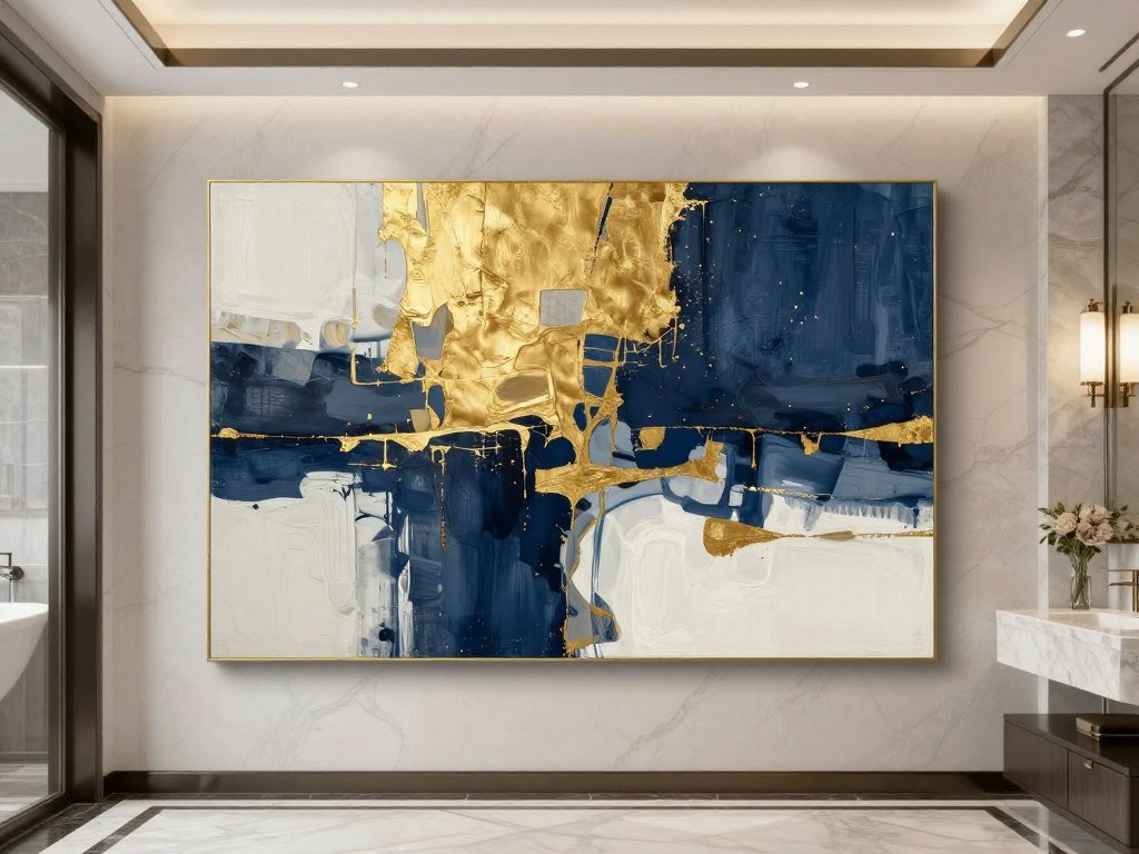 Gold metallic abstract art in luxury bathroom