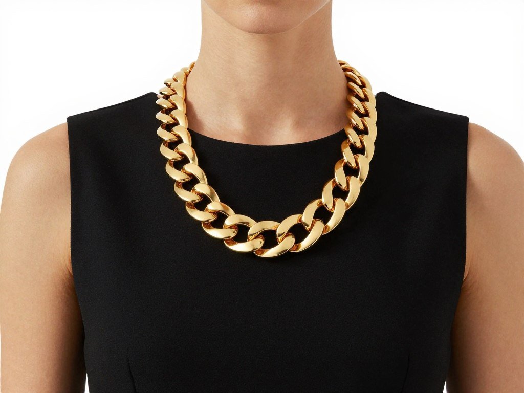Gold statement necklace with simple black dress ensemble