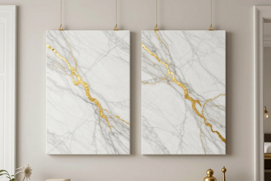 Gold veined marble canvas prints set