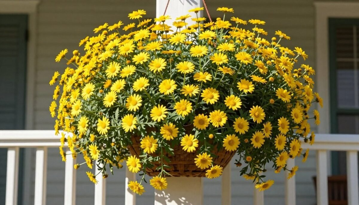 Golden bidens hanging basket with bright yellow daisy-like flowers covering trailing stems