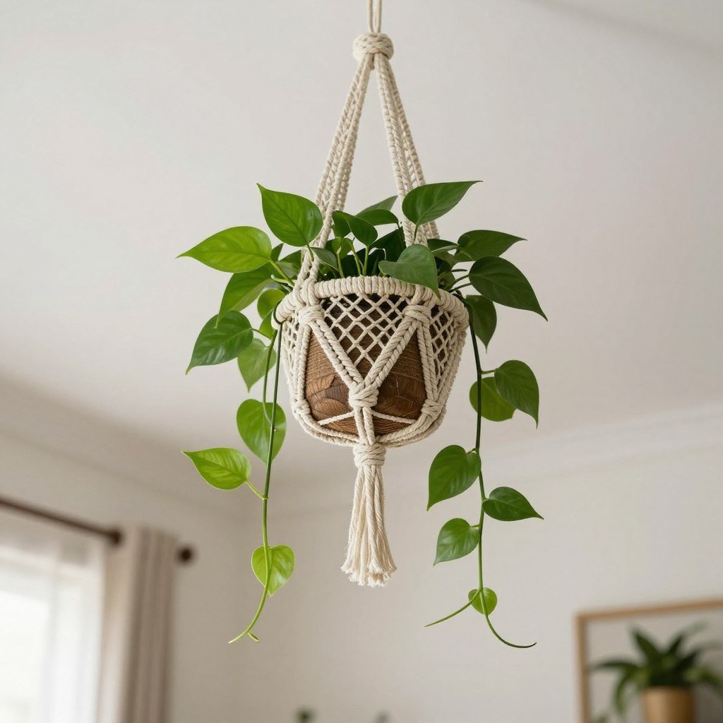 Golden pothos in decorative hanging basket with vines cascading downward in bright room