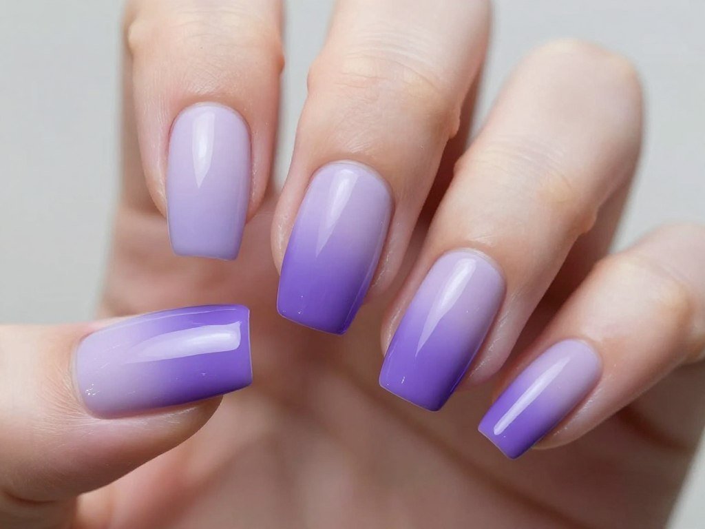 Gradient ombre effect from light lavender to deep purple across nails