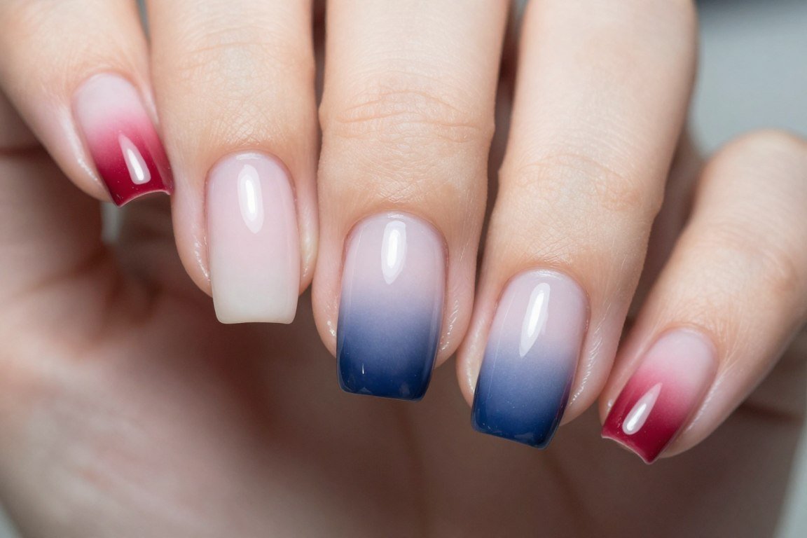Gradient ombre nail art featuring red white and blue fade for 4th of July