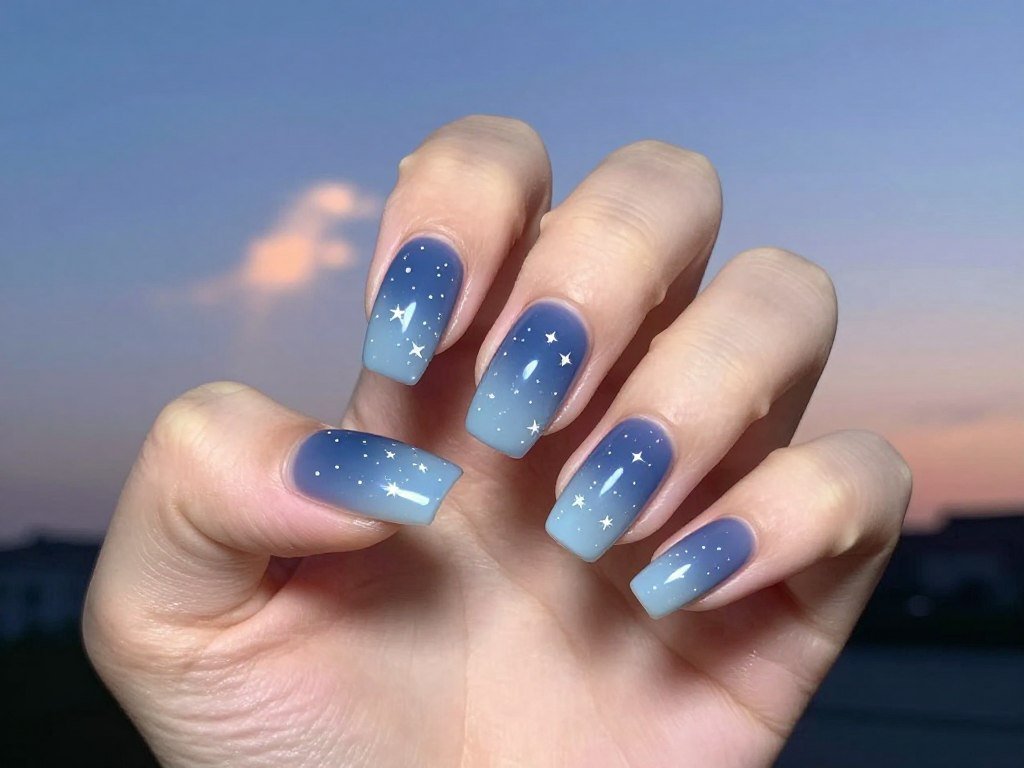 Gradient star gel nail designs transitioning from dark to light blue for Independence Day