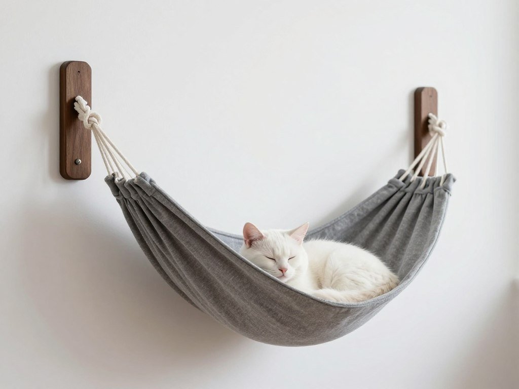 Gray canvas cat wall hammock mounted between two wooden brackets