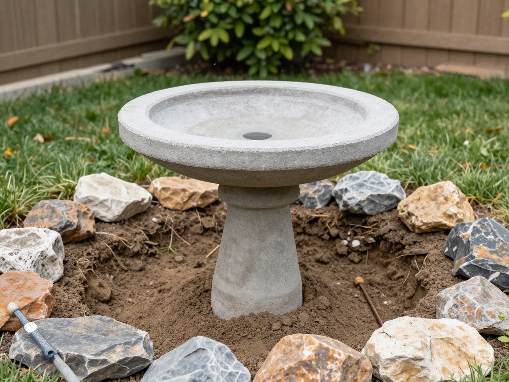 Ground-level concrete bird bath installation with surrounding rocks