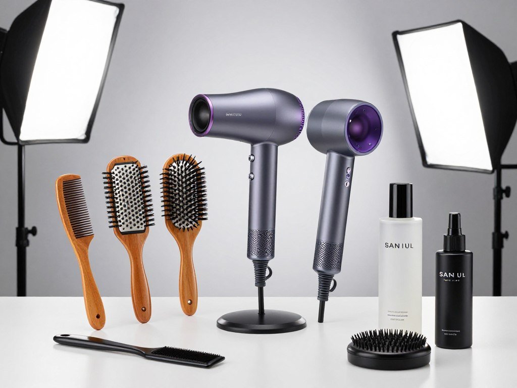 Hair styling tools for short choppy haircuts laid out professionally