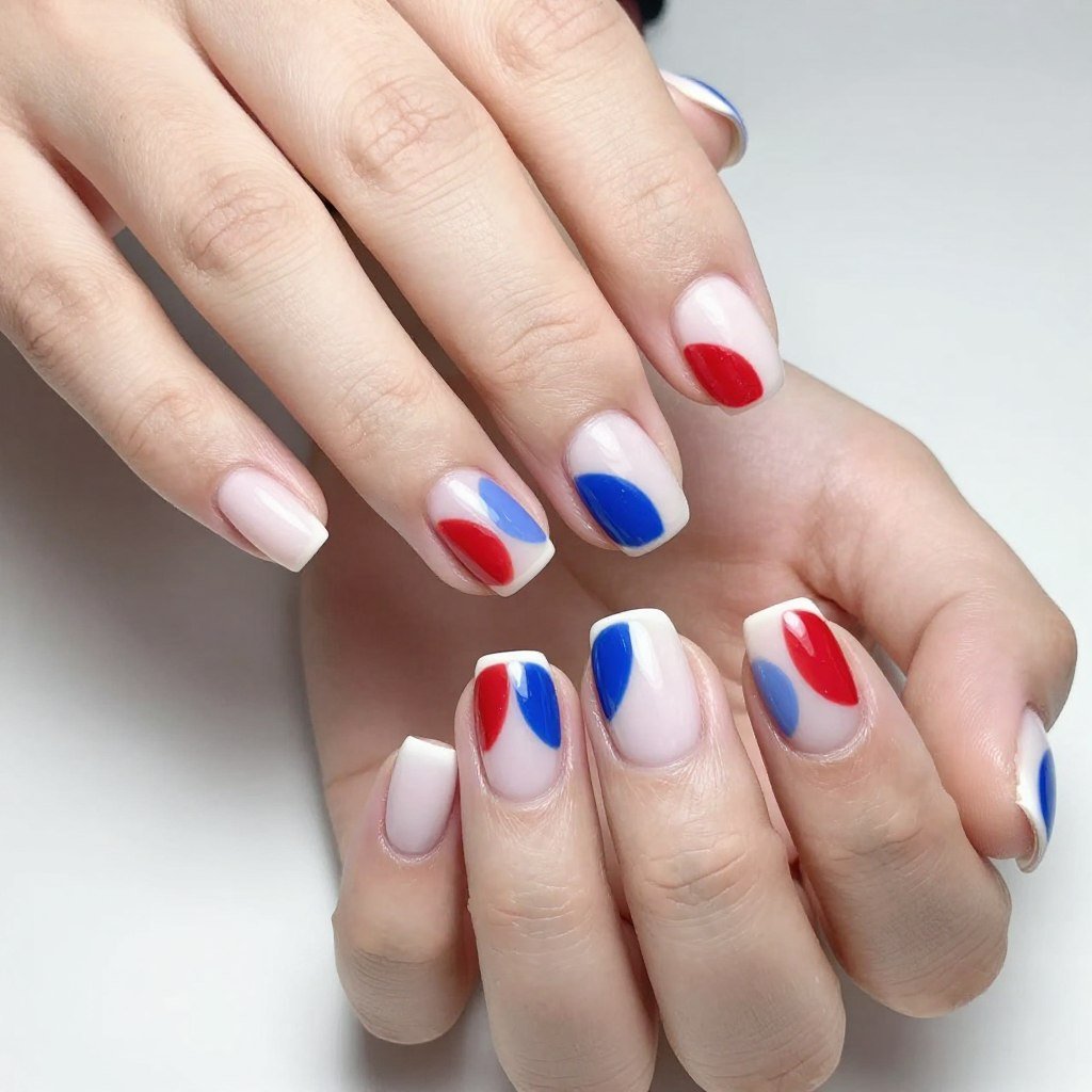 Half-moon nail design in patriotic colors on short nails