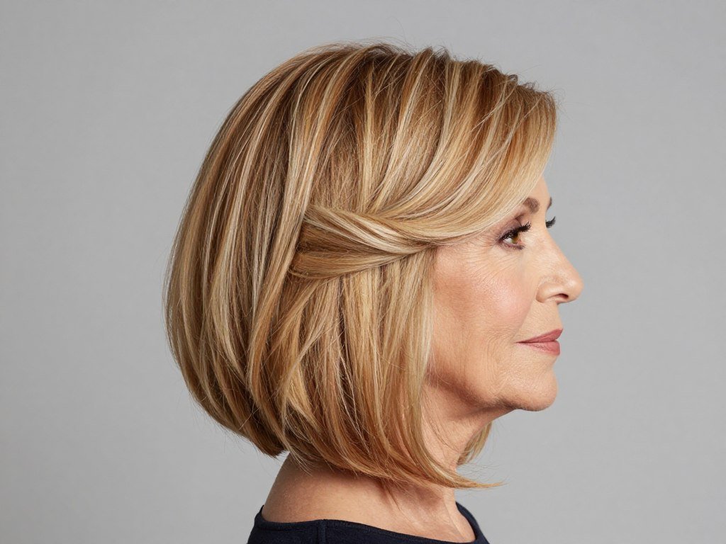 Half-up styling for longer bob on women over 60