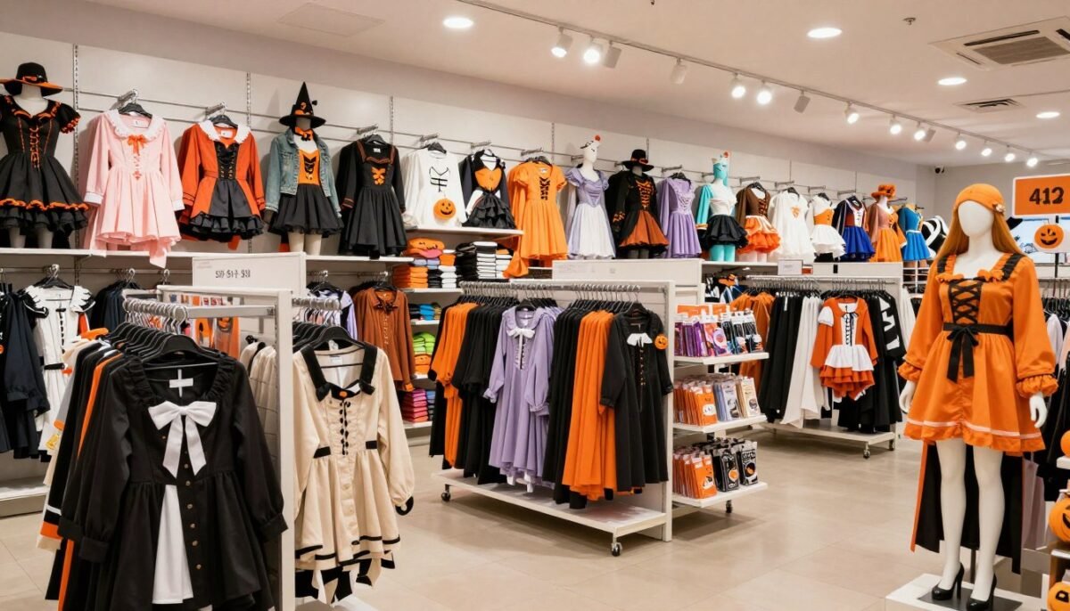 Halloween costume shopping display showing variety of women's options Halloween costume shopping display showing variety of women's options