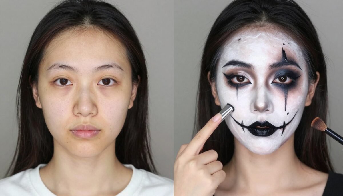 Halloween makeup application showing transformation process Halloween makeup application showing transformation process